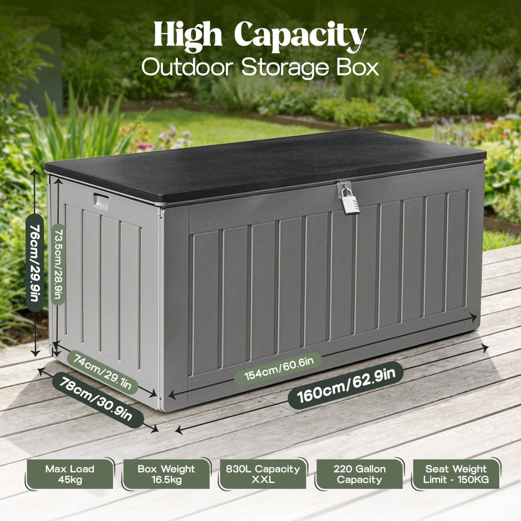 Olsen & Smith 830L Outdoor Garden Storage Box, Weatherproof, Sit-On Bench, Anthracite Grey, Cushion & Furniture Storage