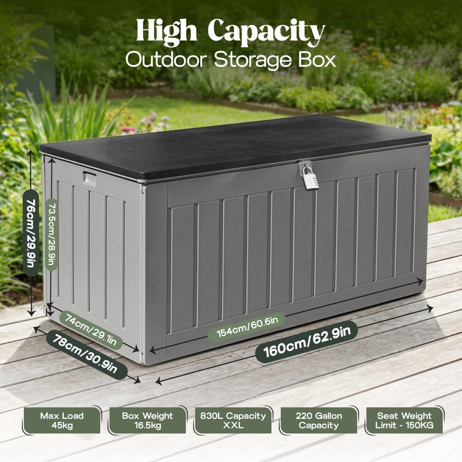 Olsen & Smith 830L Outdoor Garden Storage Box, Weatherproof, Sit-On Bench, Anthracite Grey, Cushion & Furniture Storage
