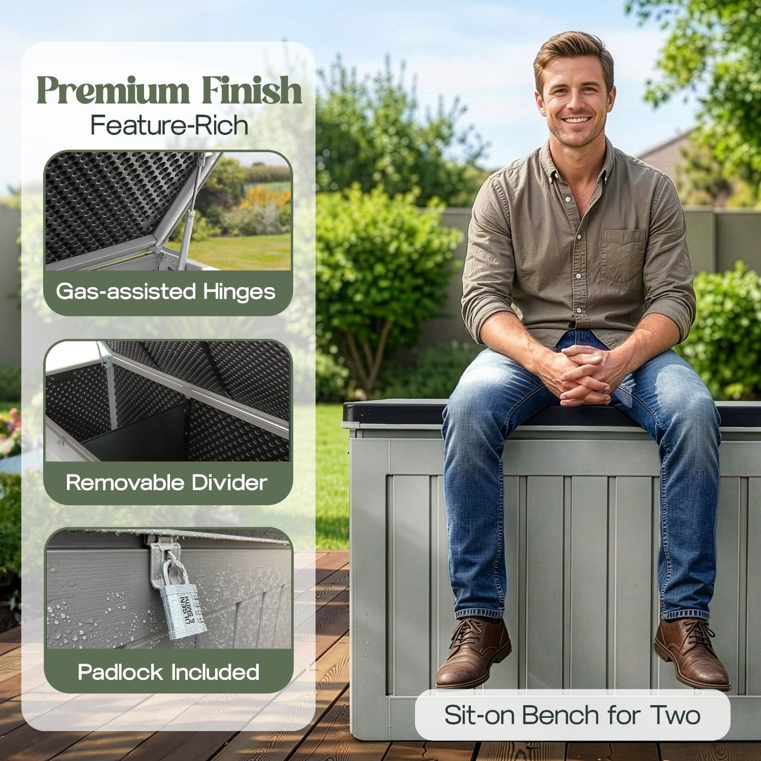 Olsen & Smith 830L Outdoor Garden Storage Box, Weatherproof, Sit-On Bench, Anthracite Grey, Cushion & Furniture Storage