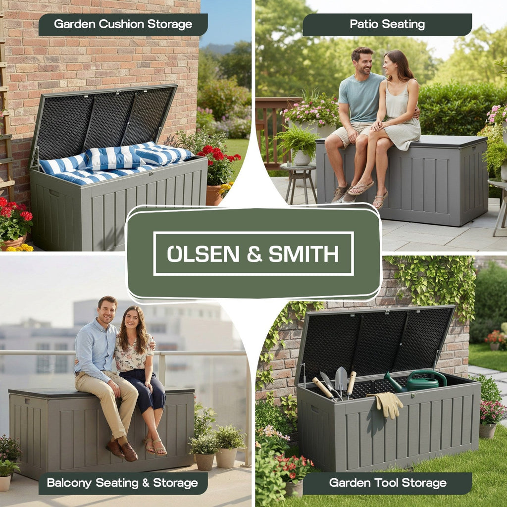 Olsen & Smith 830L Outdoor Garden Storage Box, Weatherproof, Sit-On Bench, Anthracite Grey, Cushion & Furniture Storage