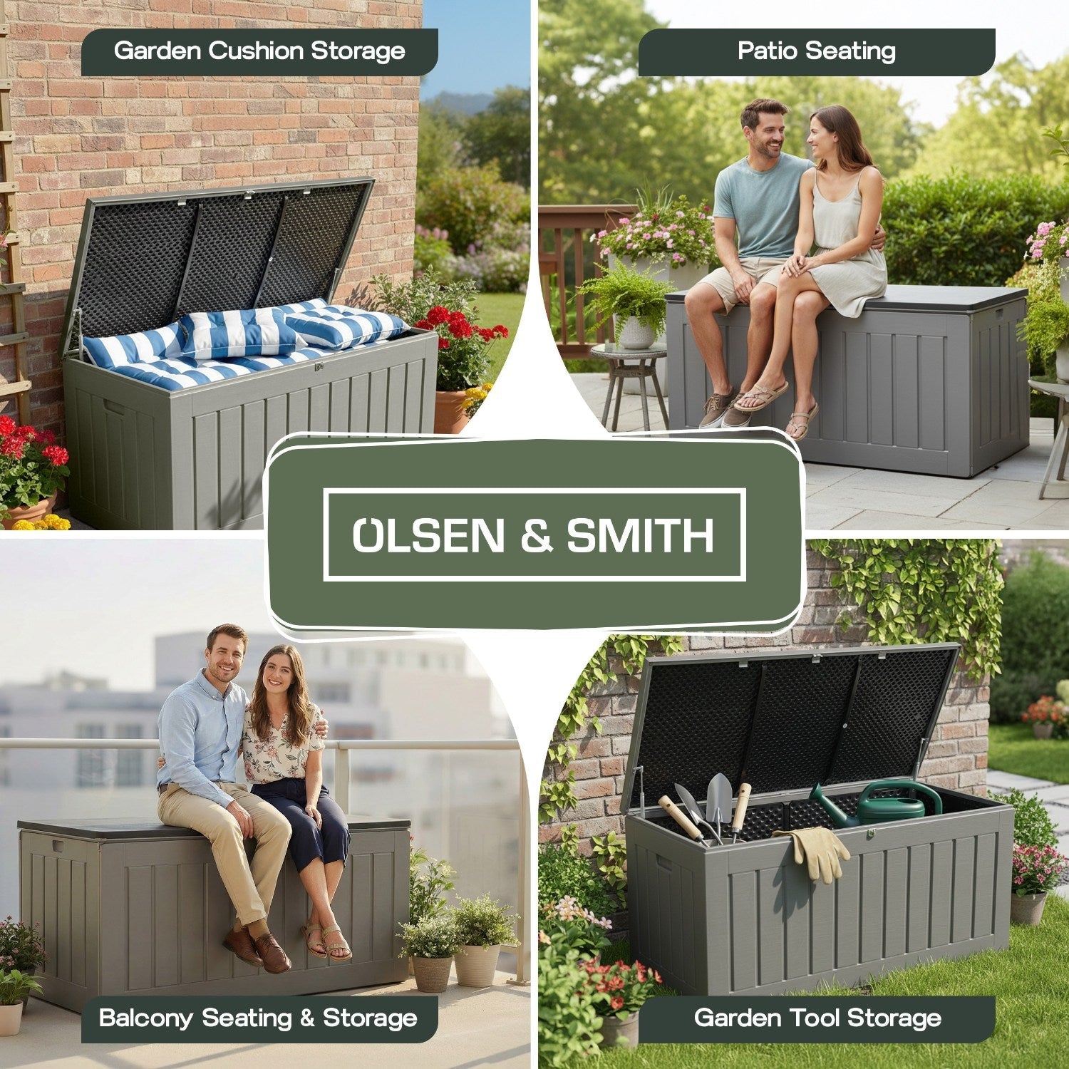 Olsen & Smith 830L Outdoor Garden Storage Box, Weatherproof, Sit-On Bench, Anthracite Grey, Cushion & Furniture Storage