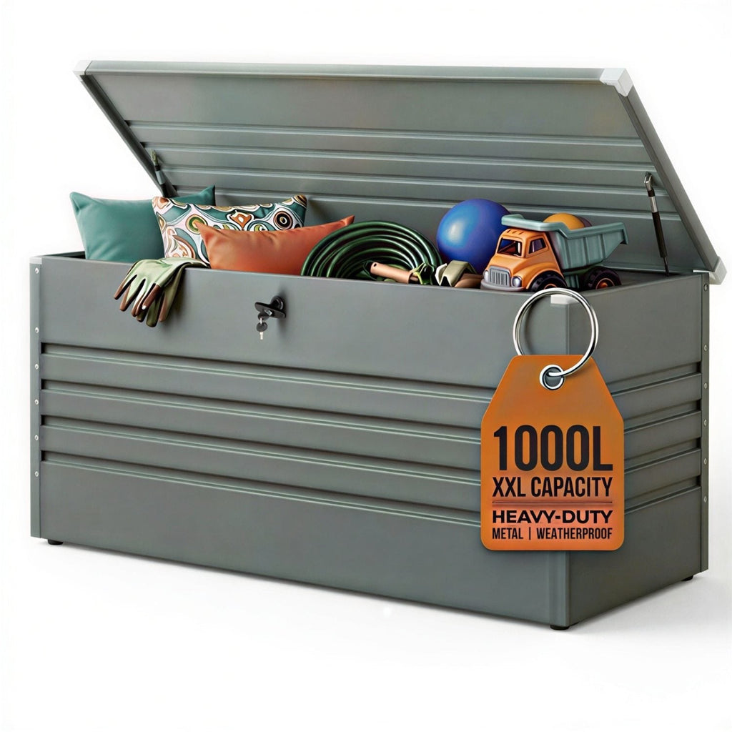Olsen & Smith 1000L Large Metal Storage Box – Lockable Outdoor XXL Garden Storage Box, Weatherproof, with Gas Lift – Stores Cushions, Tools & Garden Furniture – Anthracite
