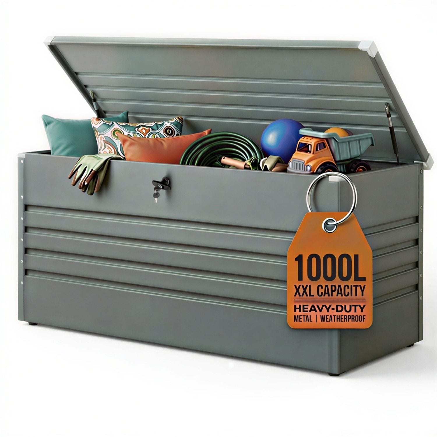 Olsen & Smith 1000L Large Metal Storage Box – Lockable Outdoor XXL Garden Storage Box, Weatherproof, with Gas Lift – Stores Cushions, Tools & Garden Furniture – Anthracite