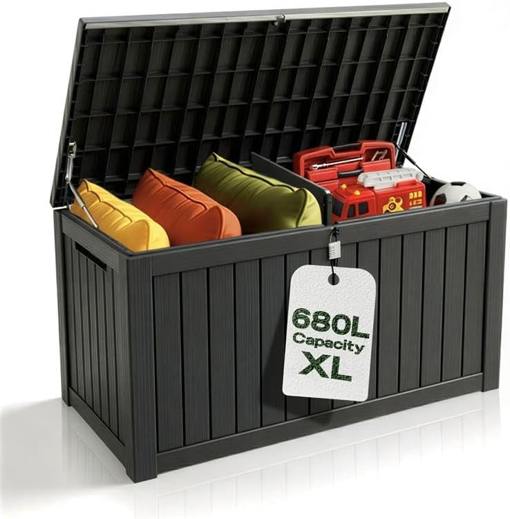 Olsen & Smith Premium XL 680L Outdoor Garden Storage Box – Weather-Resistant Heavy-Duty Plastic Storage Chest with Padlock, Wood-Effect Finish & Gas Lift Lid for Cushions, Tools & Toys (Anthracite Black)