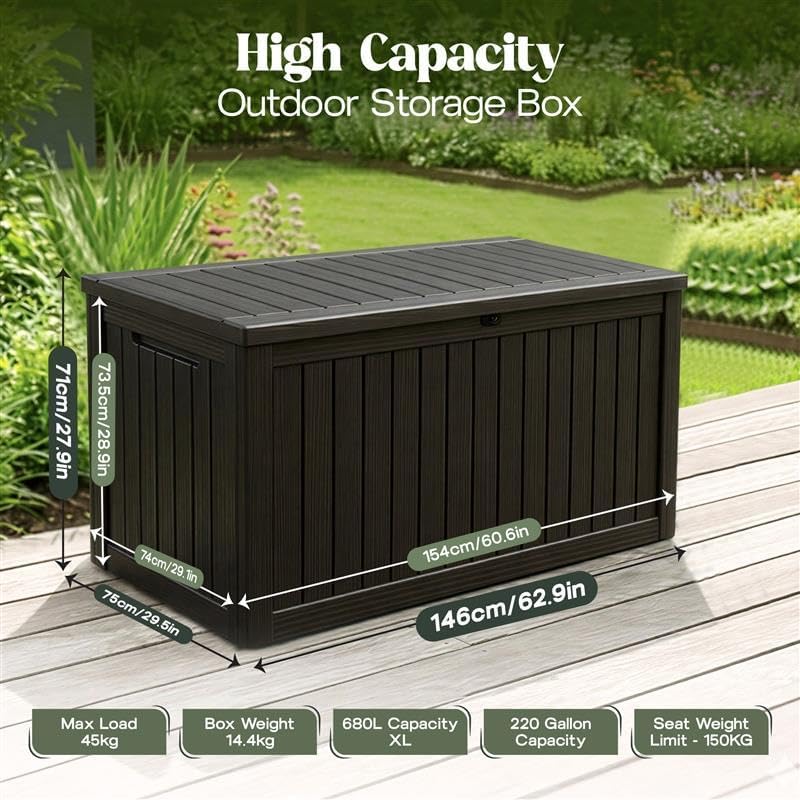 Olsen & Smith Premium XL 680L Outdoor Garden Storage Box – Weather-Resistant Heavy-Duty Plastic Storage Chest with Padlock, Wood-Effect Finish & Gas Lift Lid for Cushions, Tools & Toys (Anthracite Black)