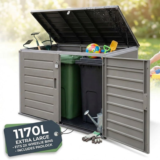 Olsen & Smith 1170L Extra Large Outdoor Garden Storage Box, Weatherproof Heavy-Duty Plastic, Lockable, Wheelie Bin, Tools & Cushion Storage