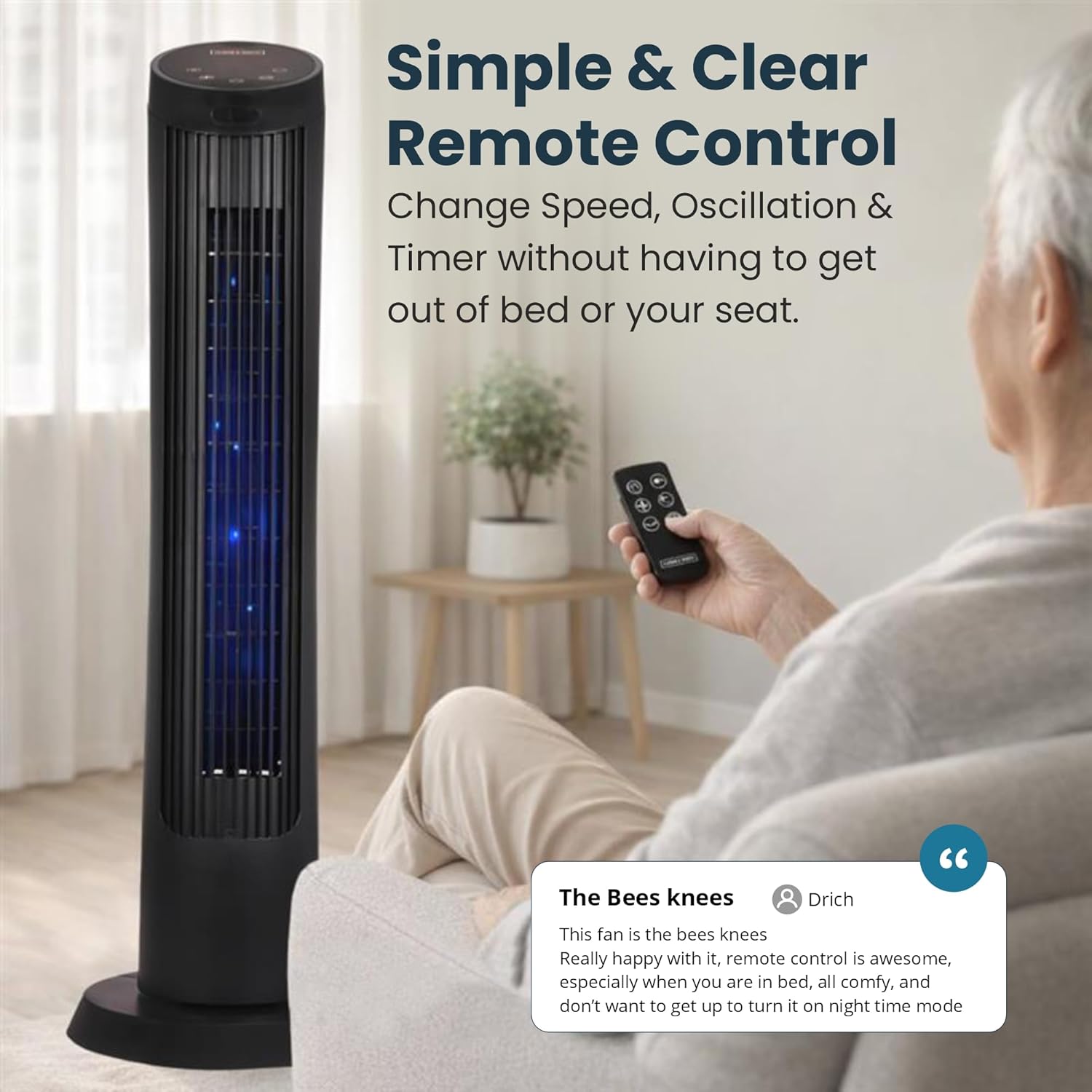 Olsen & Smith Silent Tower Fan with Remote – Quiet Fan for Bedroom & Sleeping, 4 Speed Modes, Sleep Mode, 82° Oscillation, 12H Timer, Bladeless Design – Matte Black