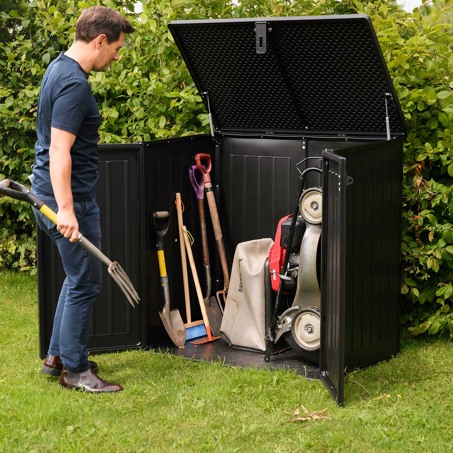 Olsen & Smith 775L Large Outdoor Garden Storage Box, Small (2x 180L) Wheelie Bin Storage, Waterproof Wood-Effect, Small Bike Shed, Garage Storage & Tool Storage, Inc. Padlock