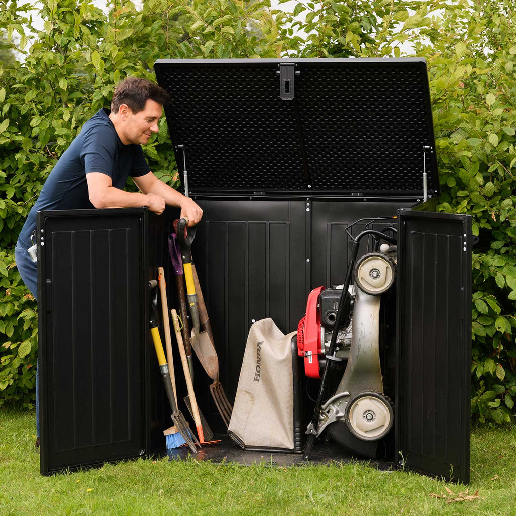 Olsen & Smith 775L Large Outdoor Garden Storage Box, Small (2x 180L) Wheelie Bin Storage, Waterproof Wood-Effect, Small Bike Shed, Garage Storage & Tool Storage, Inc. Padlock