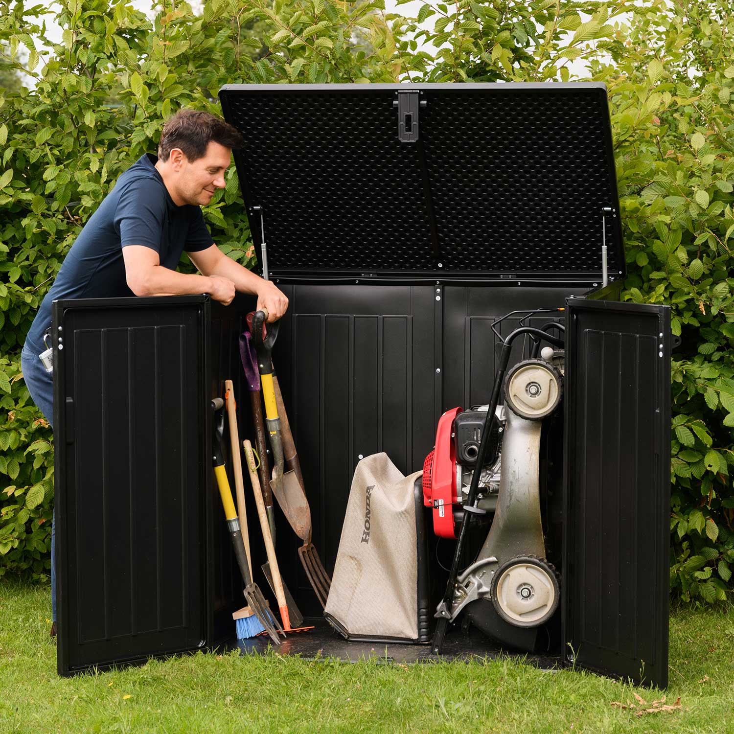 Olsen & Smith 775L Large Outdoor Garden Storage Box, Small (2x 180L) Wheelie Bin Storage, Waterproof Wood-Effect, Small Bike Shed, Garage Storage & Tool Storage, Inc. Padlock