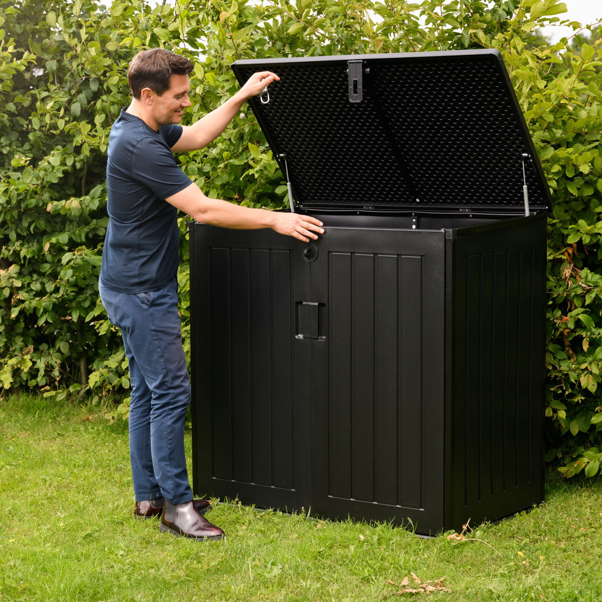 Olsen & Smith 775L Large Outdoor Garden Storage Box, Small (2x 180L) Wheelie Bin Storage, Waterproof Wood-Effect, Small Bike Shed, Garage Storage & Tool Storage, Inc. Padlock