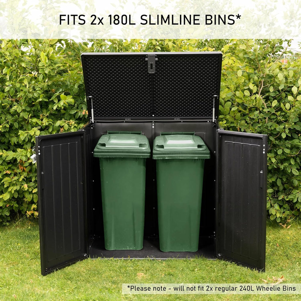 Olsen & Smith 775L Large Outdoor Garden Storage Box, Small (2x 180L) Wheelie Bin Storage, Waterproof Wood-Effect, Small Bike Shed, Garage Storage & Tool Storage, Inc. Padlock
