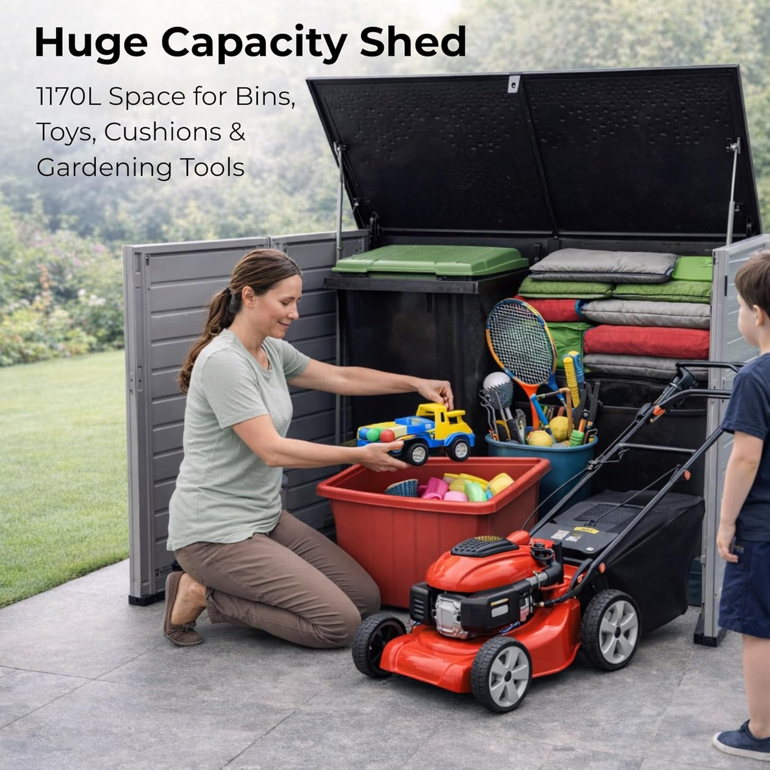 Olsen & Smith 1170L Extra Large Outdoor Garden Storage Box, Weatherproof Heavy-Duty Plastic, Lockable, Wheelie Bin, Tools & Cushion Storage