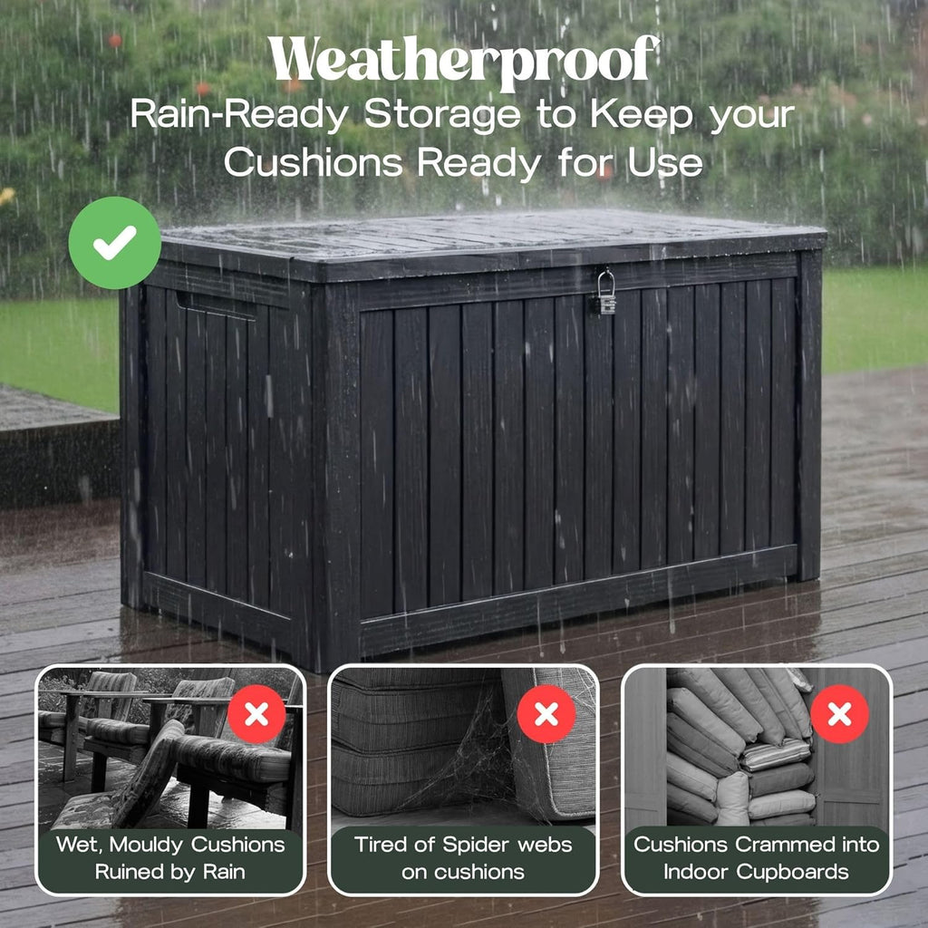 Olsen & Smith Premium XL 680L Outdoor Garden Storage Box – Weather-Resistant Heavy-Duty Plastic Storage Chest with Padlock, Wood-Effect Finish & Gas Lift Lid for Cushions, Tools & Toys (Anthracite Black)