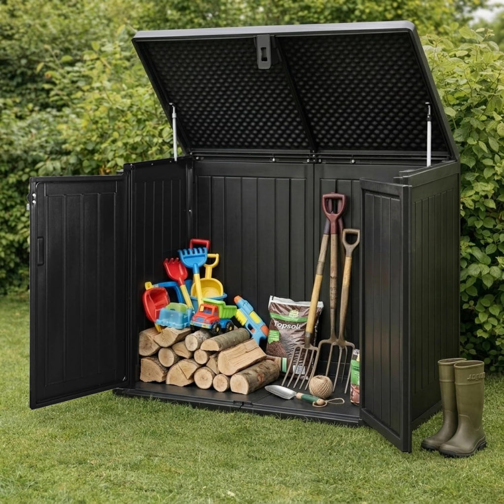 Olsen & Smith 775L Large Outdoor Garden Storage Box, Small (2x 180L) Wheelie Bin Storage, Waterproof Wood-Effect, Small Bike Shed, Garage Storage & Tool Storage, Inc. Padlock