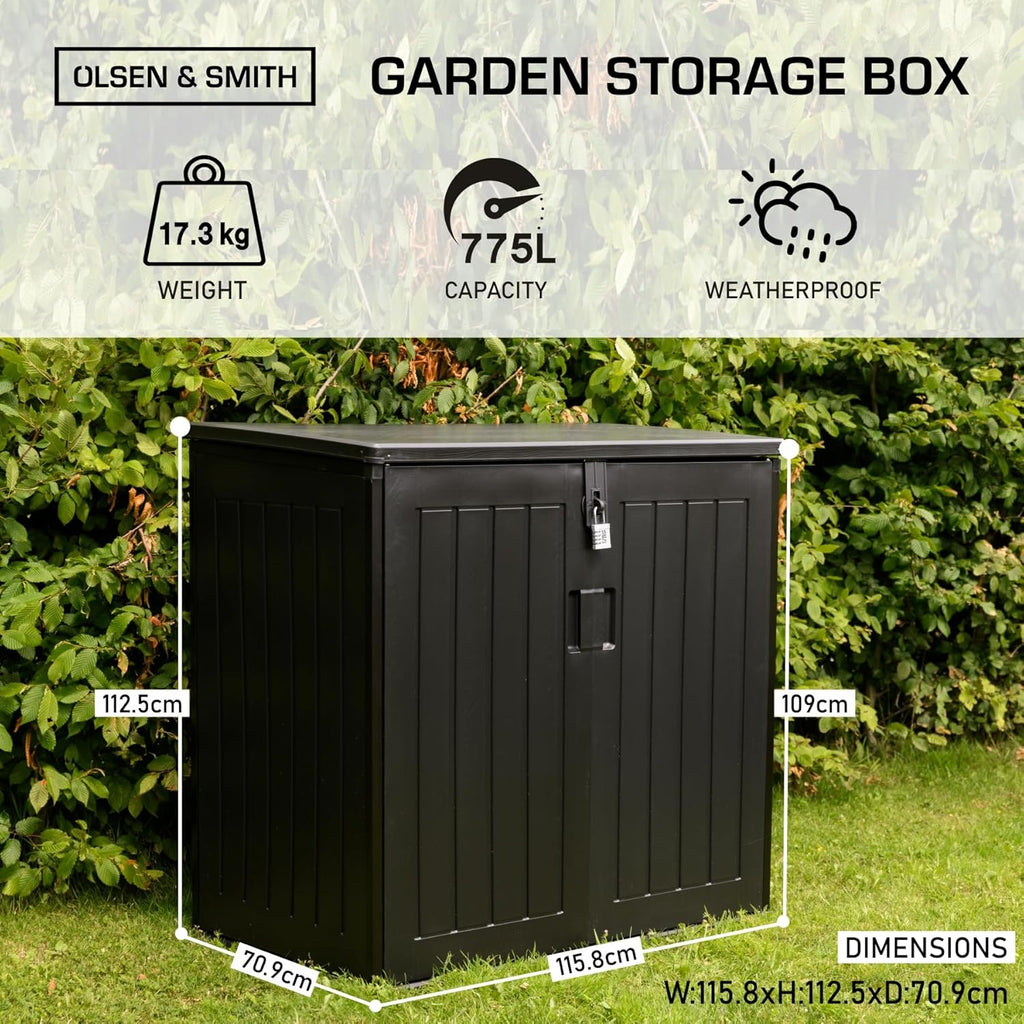 Olsen & Smith 775L Large Outdoor Garden Storage Box, Small (2x 180L) Wheelie Bin Storage, Waterproof Wood-Effect, Small Bike Shed, Garage Storage & Tool Storage, Inc. Padlock