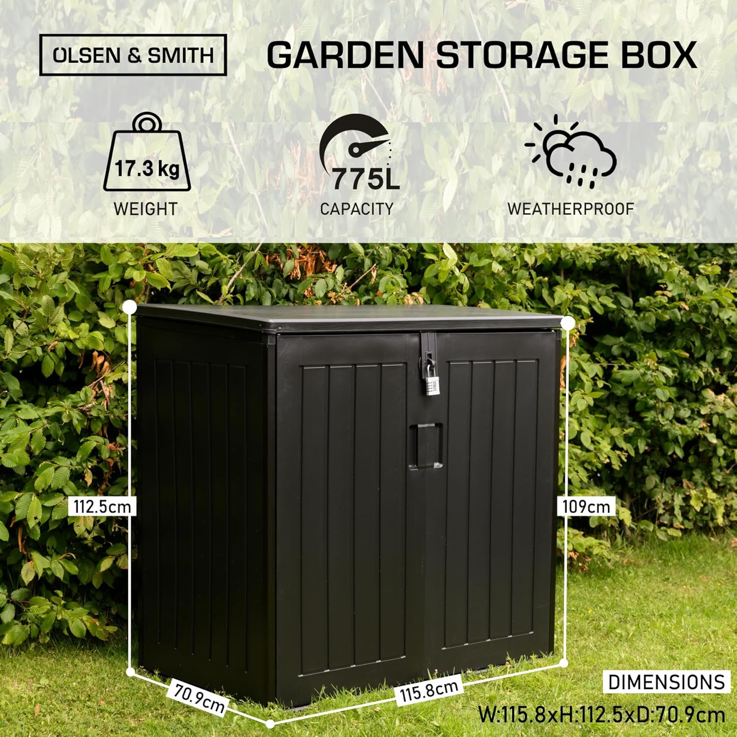Olsen & Smith 775L Large Outdoor Garden Storage Box, Small (2x 180L) Wheelie Bin Storage, Waterproof Wood-Effect, Small Bike Shed, Garage Storage & Tool Storage, Inc. Padlock