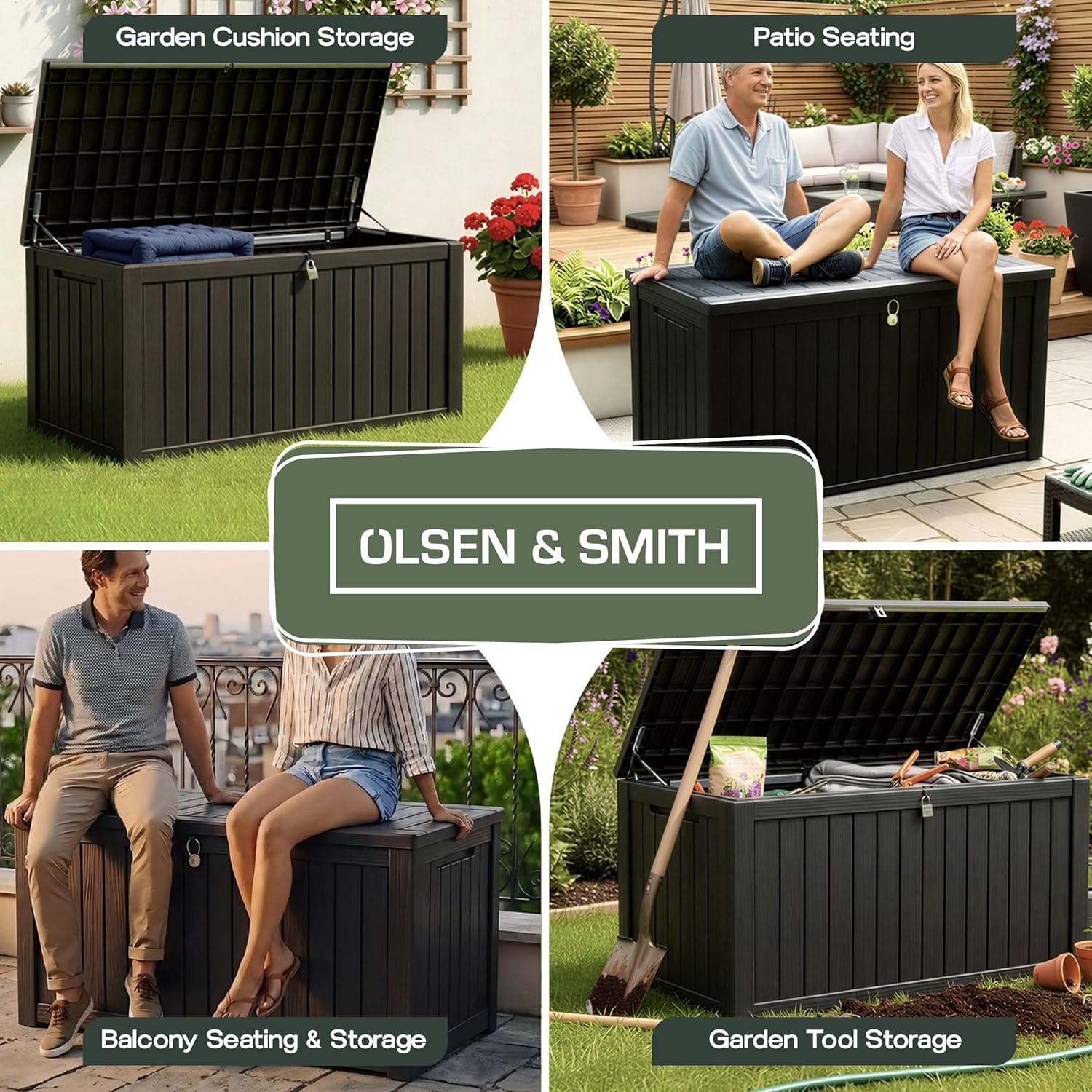 Olsen & Smith Premium XL 680L Outdoor Garden Storage Box – Weather-Resistant Heavy-Duty Plastic Storage Chest with Padlock, Wood-Effect Finish & Gas Lift Lid for Cushions, Tools & Toys (Anthracite Black)