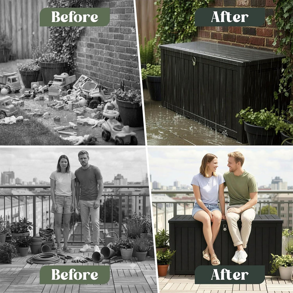 Olsen & Smith Premium XL 680L Outdoor Garden Storage Box – Weather-Resistant Heavy-Duty Plastic Storage Chest with Padlock, Wood-Effect Finish & Gas Lift Lid for Cushions, Tools & Toys (Anthracite Black)