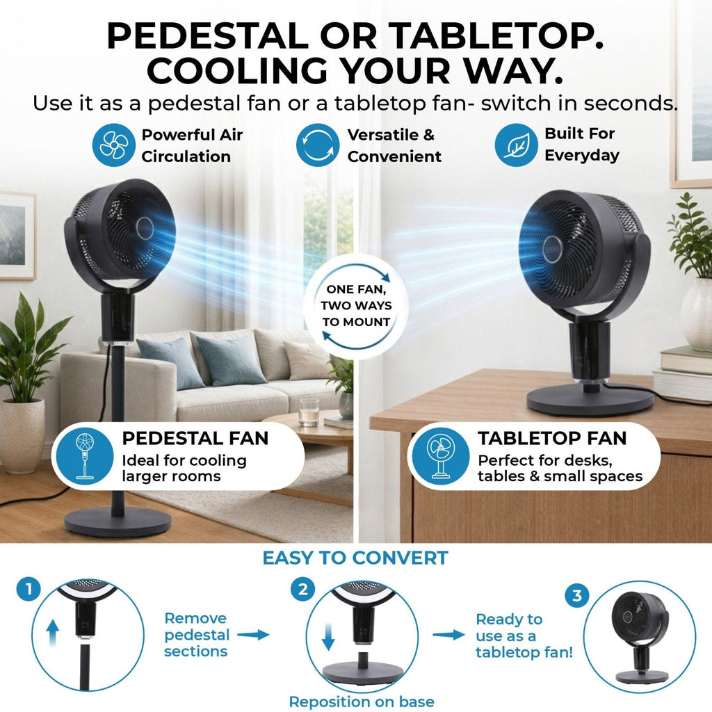 Olsen & Smith Pedestal & Tabletop Air Circulator Fan – Quiet Oscillating Portable Desk & Floor Standing Fan with Remote Control for Bedroom, Office & Living Room - Grey
