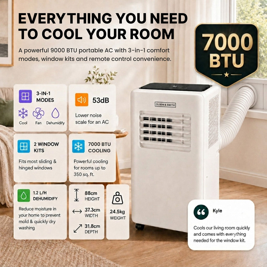 Olsen & Smith 7000 BTU 3-in-1 Portable Air Conditioning Unit, Air Conditioner AC Air Con Cooler with Cooling, Fan & Dehumidifier Functions, 24H Timer with Window Kit & Remote Control, White [Energy Class A]