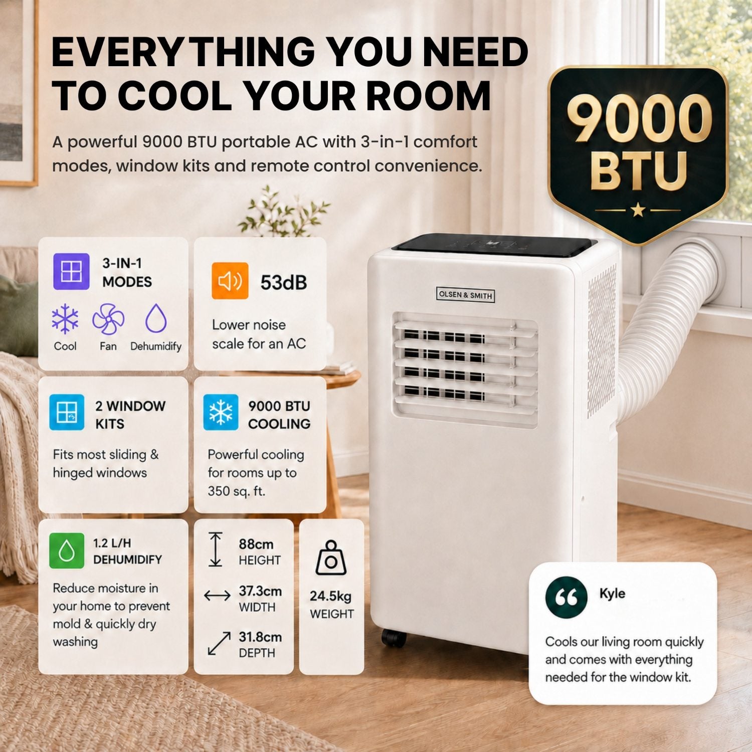 Olsen & Smith 9000 BTU 3-in-1 Portable Air Conditioning Unit, Air Conditioner AC Air Con Cooler with Cooling, Fan & Dehumidifier Functions, 24H Timer with Window Kit & Remote Control, White [Energy Class A]