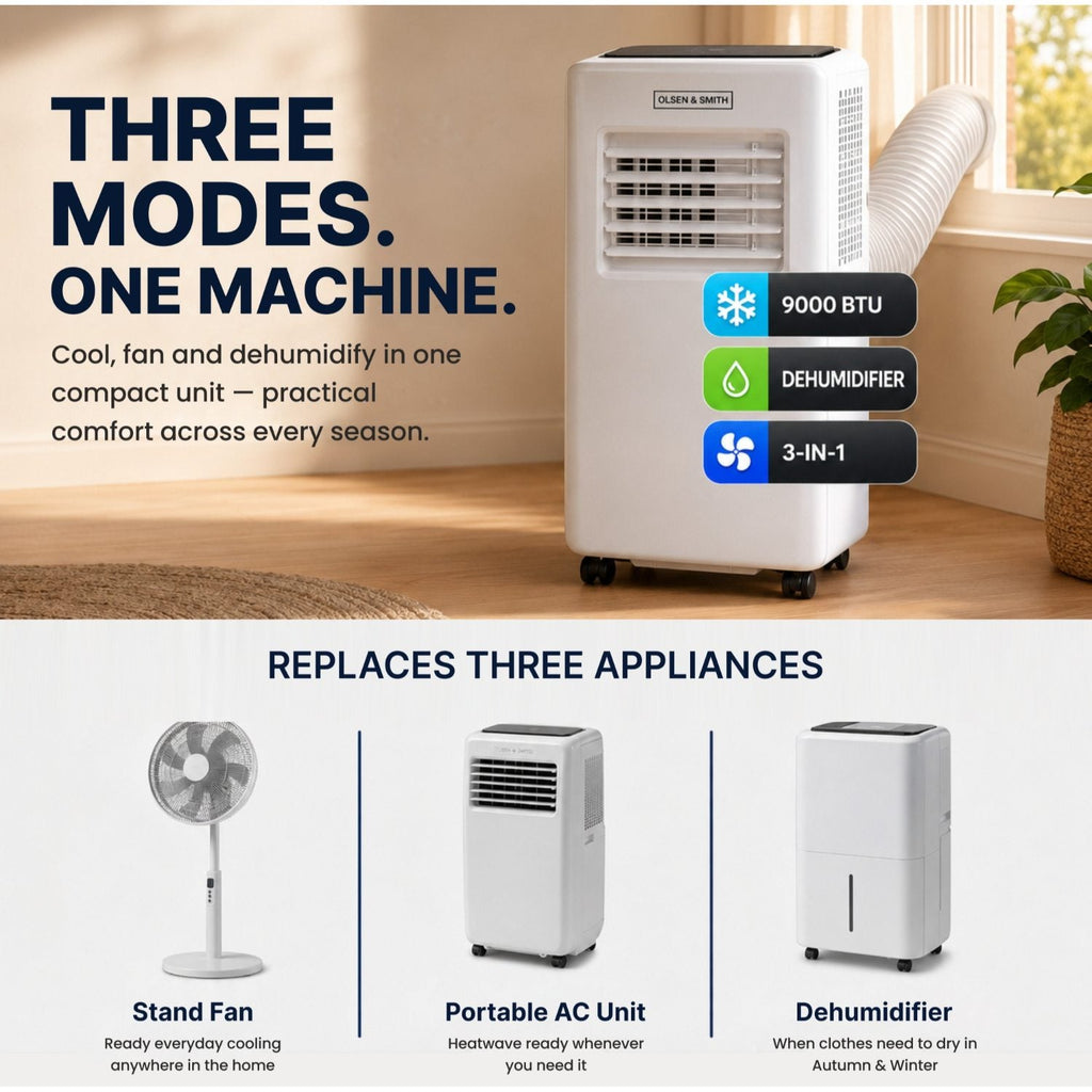 Olsen & Smith 9000 BTU 3-in-1 Portable Air Conditioning Unit, Air Conditioner AC Air Con Cooler with Cooling, Fan & Dehumidifier Functions, 24H Timer with Window Kit & Remote Control, White [Energy Class A]