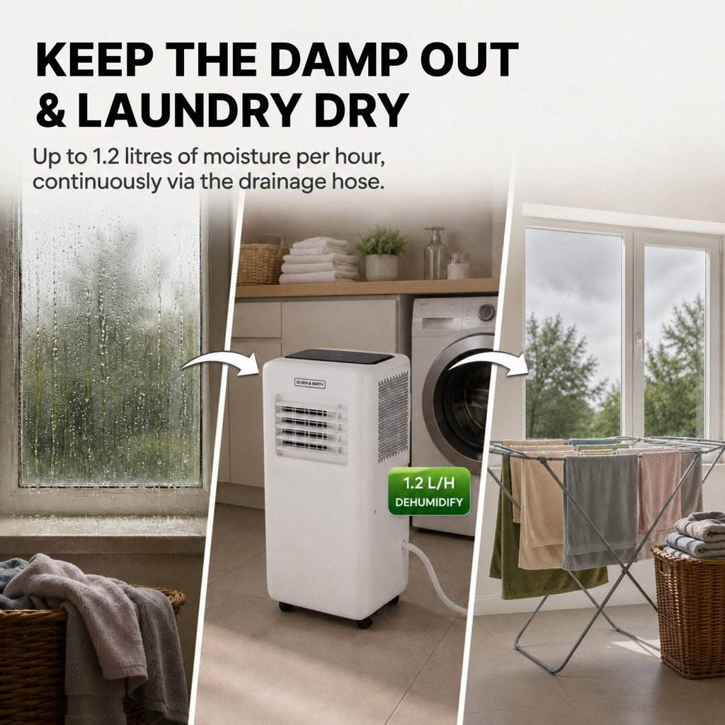 Olsen & Smith 9000 BTU 3-in-1 Portable Air Conditioning Unit, Air Conditioner AC Air Con Cooler with Cooling, Fan & Dehumidifier Functions, 24H Timer with Window Kit & Remote Control, White [Energy Class A]