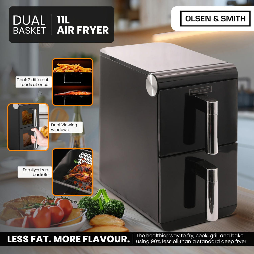 Olsen & Smith Double Stack 2-Drawer Dual Zone 11L Digital Air Fryer – 1700W XL Capacity with Double-Decker Cooking, 13 Preset Modes, Sync & Match Functionality, LED Touch Display, and Viewing Window – Black