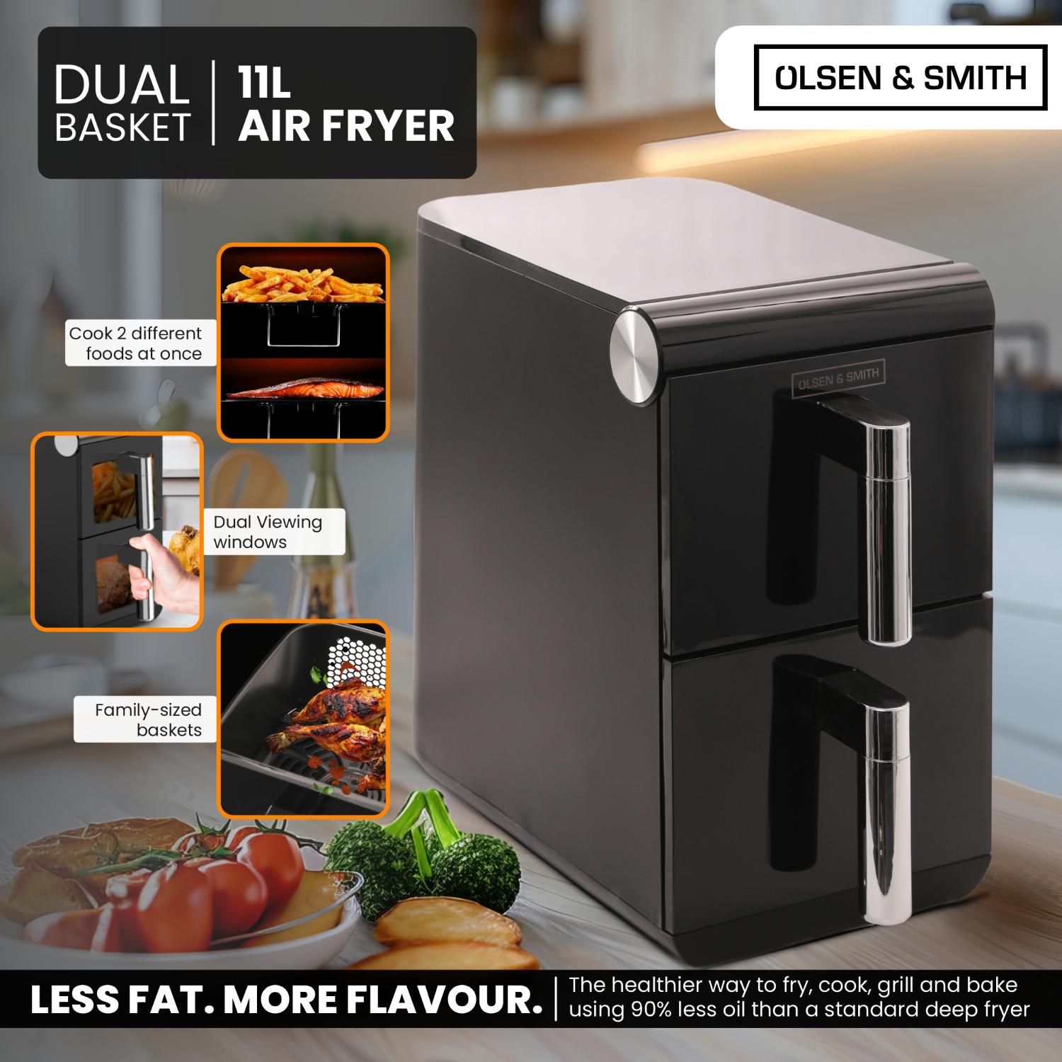 Olsen & Smith Double Stack 2-Drawer Dual Zone 11L Digital Air Fryer – 1700W XL Capacity with Double-Decker Cooking, 13 Preset Modes, Sync & Match Functionality, LED Touch Display, and Viewing Window – Black