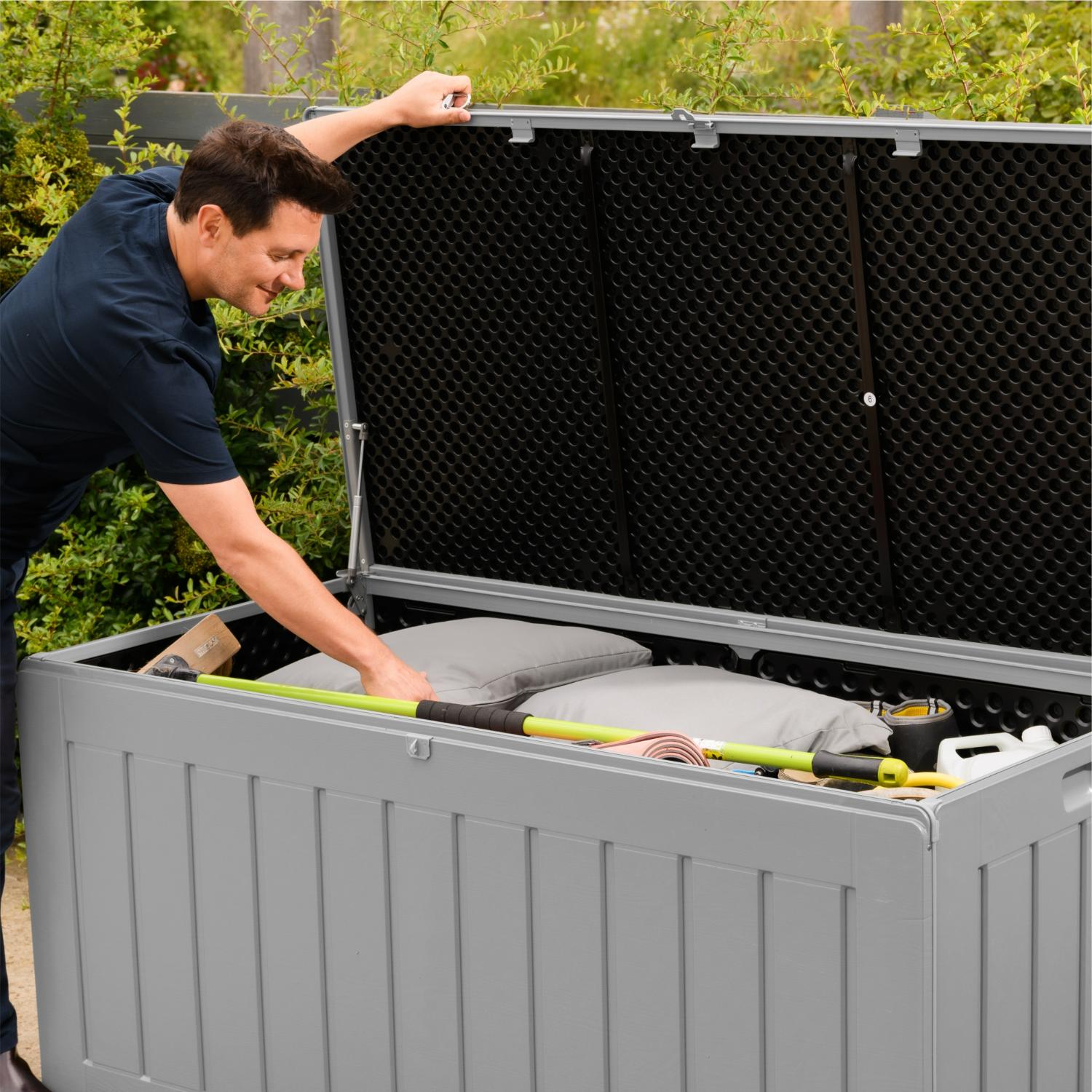 Olsen & Smith 830L Outdoor Garden Storage Box, Weatherproof, Sit-On Bench, Anthracite Grey, Cushion & Furniture Storage