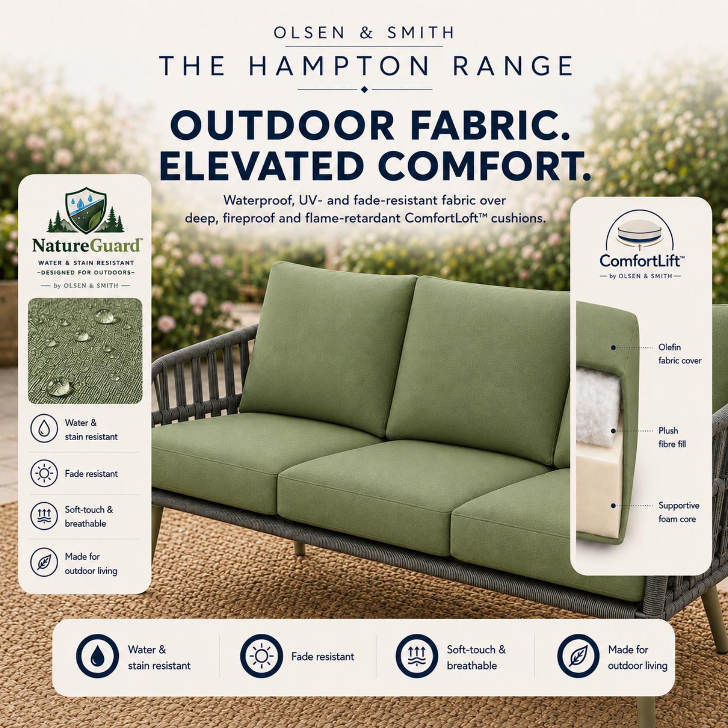 Olsen & Smith Hampton Garden Sofa Set – 5 Seat Outdoor Rattan Furniture Set with 3 Seater Sofa, Armchair & Coffee Table, Waterproof Cushions, Rust-Resistant Aluminium Frame (Sage /Green)