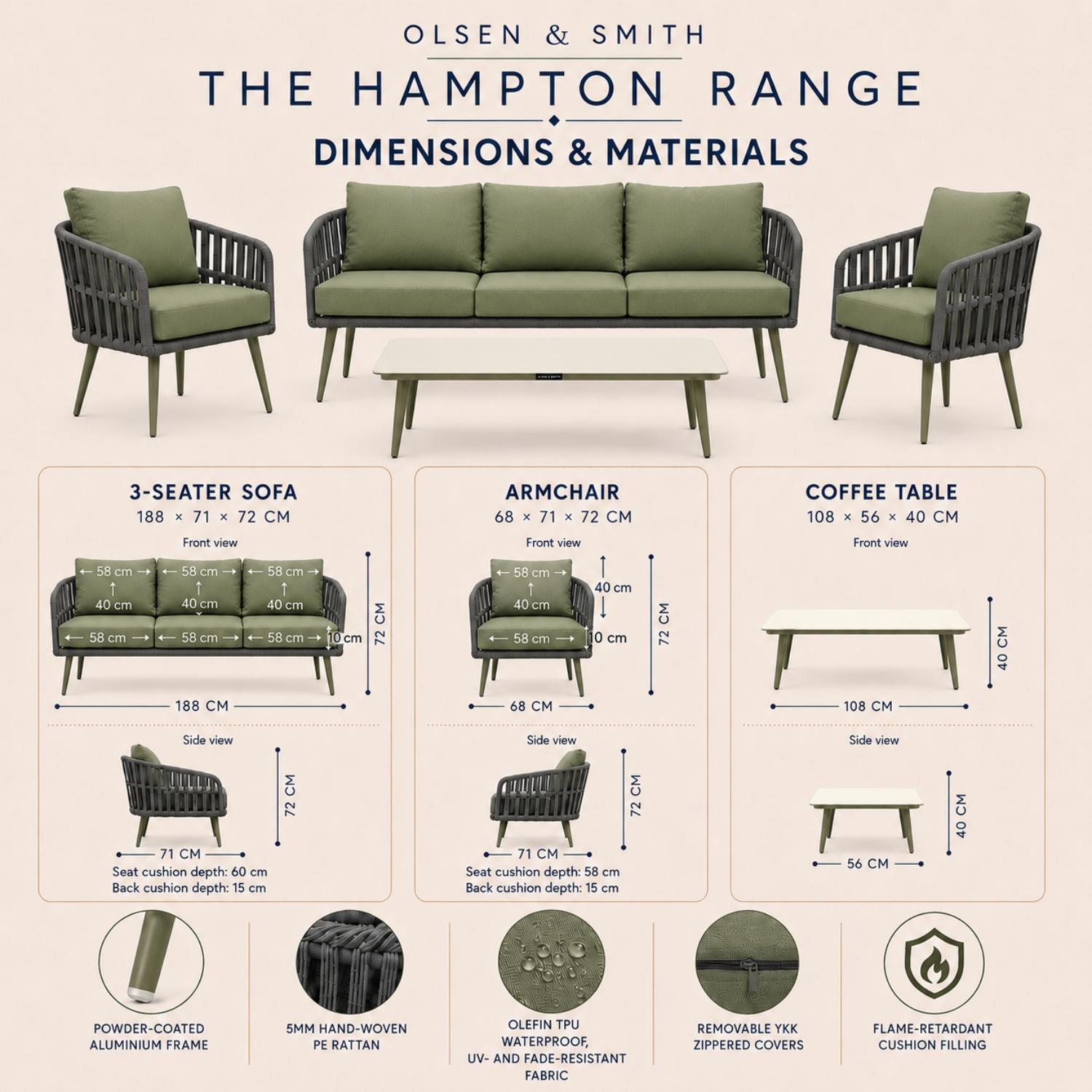 Olsen & Smith Hampton Garden Sofa Set – 5 Seat Outdoor Rattan Furniture Set with 3 Seater Sofa, Armchair & Coffee Table, Waterproof Cushions, Rust-Resistant Aluminium Frame (Sage /Green)