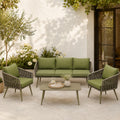 Olsen & Smith Hampton Garden Sofa Set – 5 Seat Outdoor Rattan Furniture Set with 3 Seater Sofa, Armchair & Coffee Table, Waterproof Cushions, Rust-Resistant Aluminium Frame (Sage /Green)