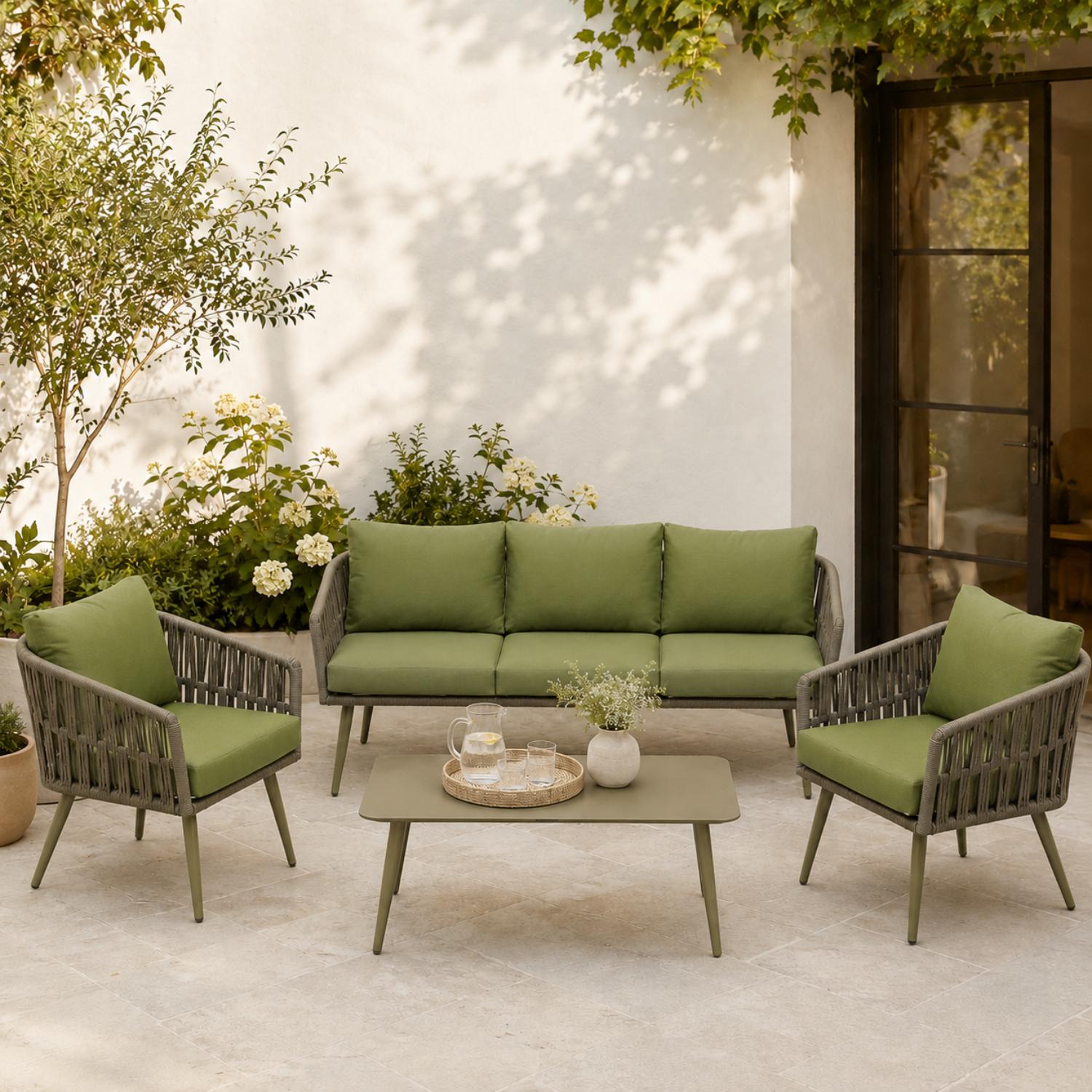 Olsen & Smith Hampton Garden Sofa Set – 5 Seat Outdoor Rattan Furniture Set with 3 Seater Sofa, Armchair & Coffee Table, Waterproof Cushions, Rust-Resistant Aluminium Frame (Sage /Green)