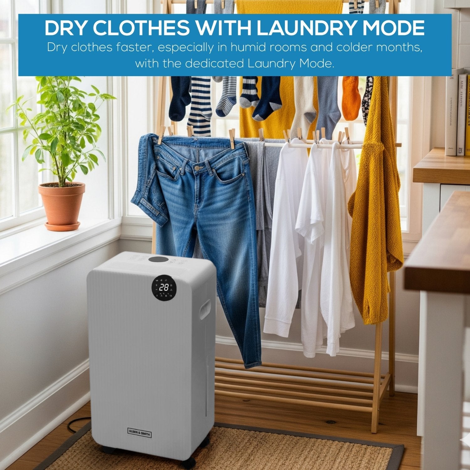 Olsen & Smith 12L/Day Portable Electric Dehumidifier With Adjustable Humidity Control, Laundry Mode, Continuous Drainage, 24 Hour Timer, Wheels for Bedroom, Bathroom, Kitchen & Basement – White