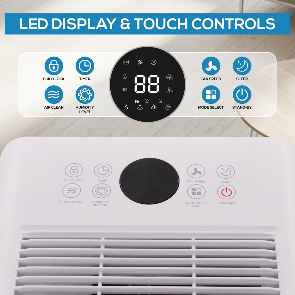 Olsen & Smith 12L/Day Portable Electric Dehumidifier With Adjustable Humidity Control, Laundry Mode, Continuous Drainage, 24 Hour Timer, Wheels for Bedroom, Bathroom, Kitchen & Basement – White