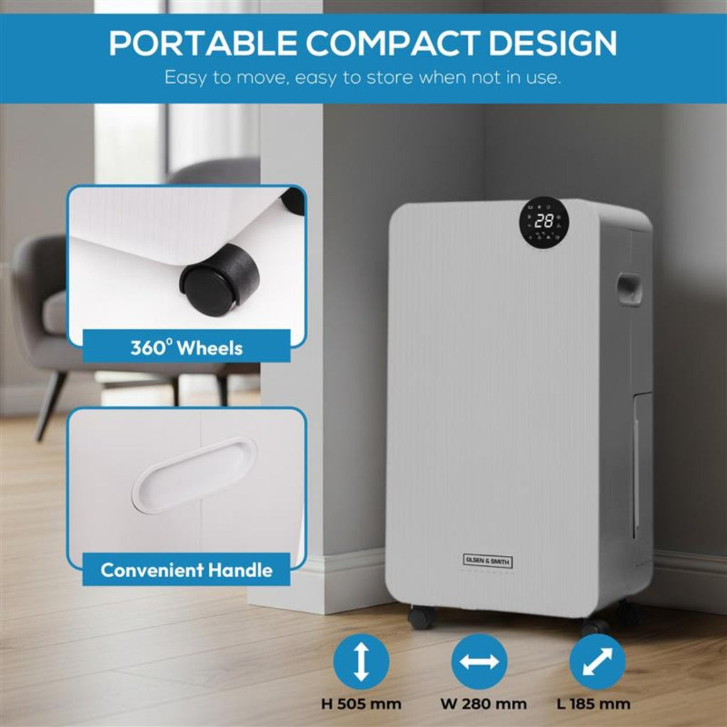 Olsen & Smith 12L/Day Portable Electric Dehumidifier With Adjustable Humidity Control, Laundry Mode, Continuous Drainage, 24 Hour Timer, Wheels for Bedroom, Bathroom, Kitchen & Basement – White