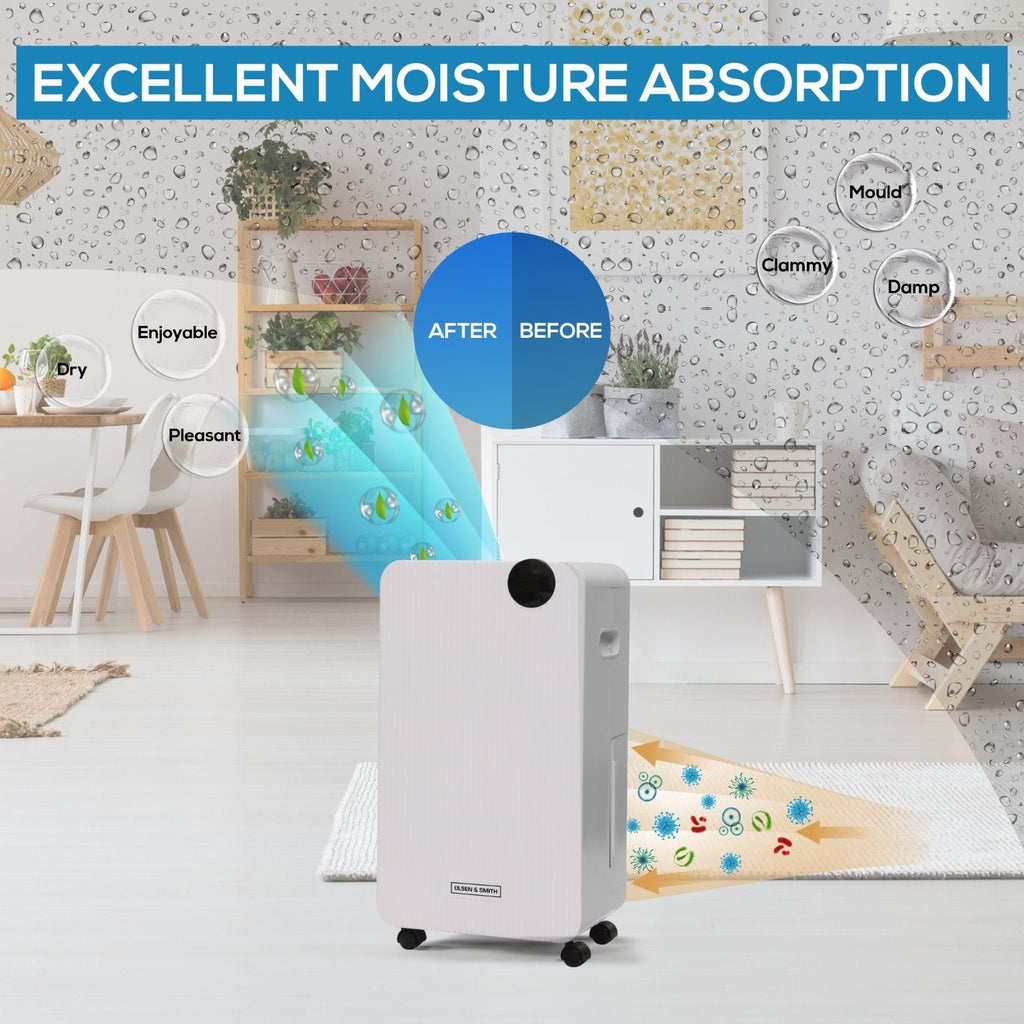 Olsen & Smith 12L/Day Portable Electric Dehumidifier With Adjustable Humidity Control, Laundry Mode, Continuous Drainage, 24 Hour Timer, Wheels for Bedroom, Bathroom, Kitchen & Basement – White