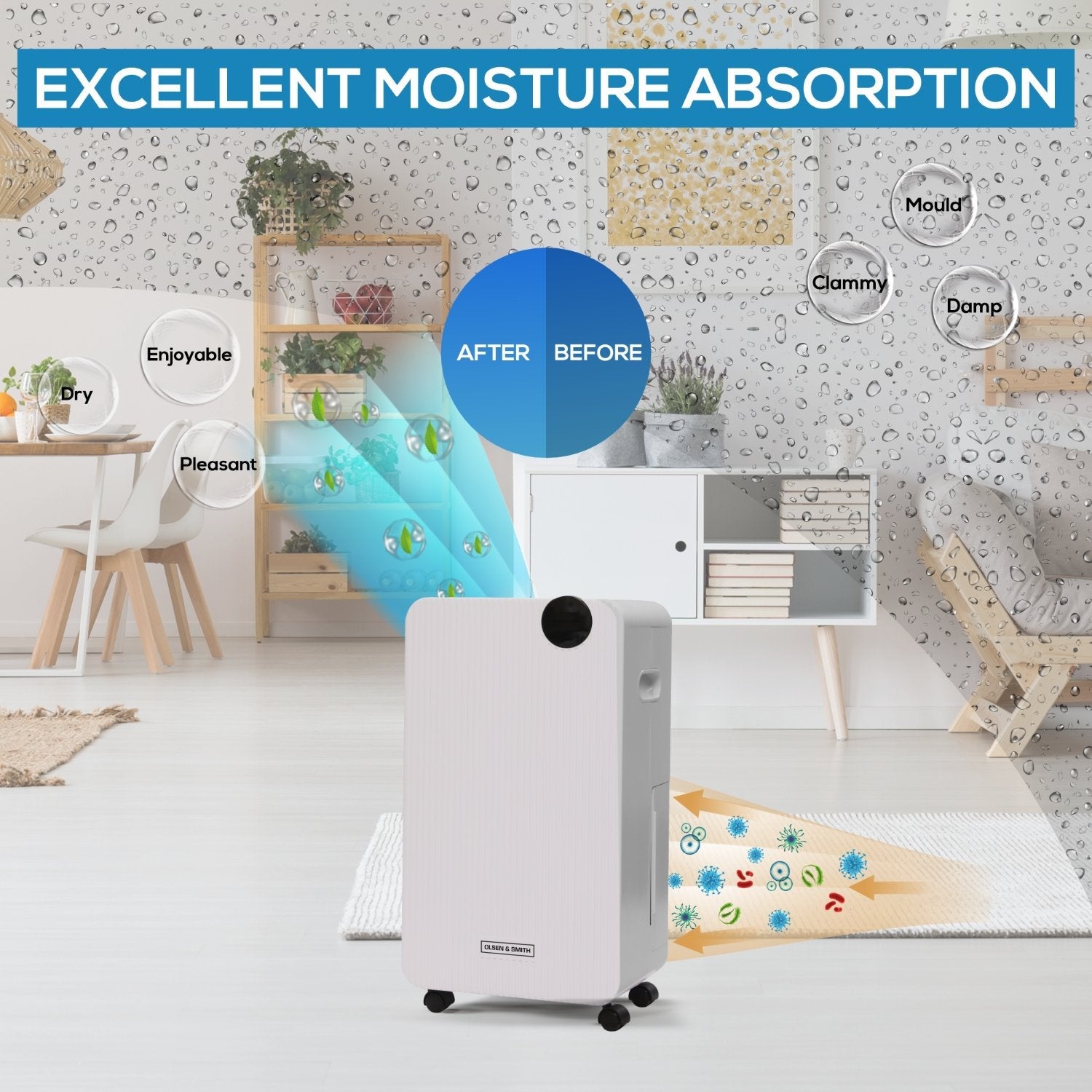 Olsen & Smith 12L/Day Portable Electric Dehumidifier With Adjustable Humidity Control, Laundry Mode, Continuous Drainage, 24 Hour Timer, Wheels for Bedroom, Bathroom, Kitchen & Basement – White