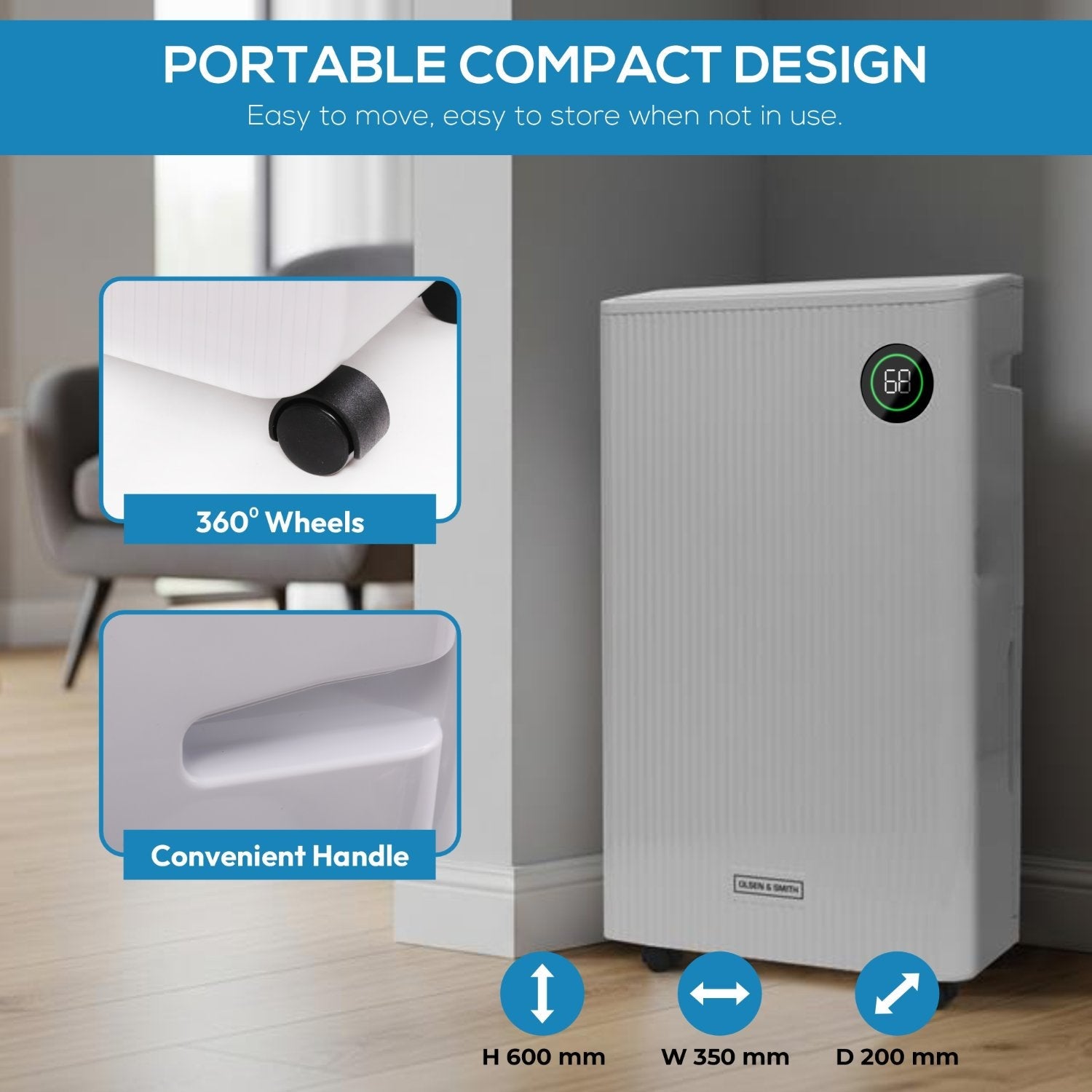 Olsen & Smith 20L/Day Dehumidifier & HEPA Air Purifier – Quiet Portable Dehumidifier for Home, Laundry Drying, Damp Control, Bedroom, Kitchen & Bathroom (5.5L Tank + Drain Hose)