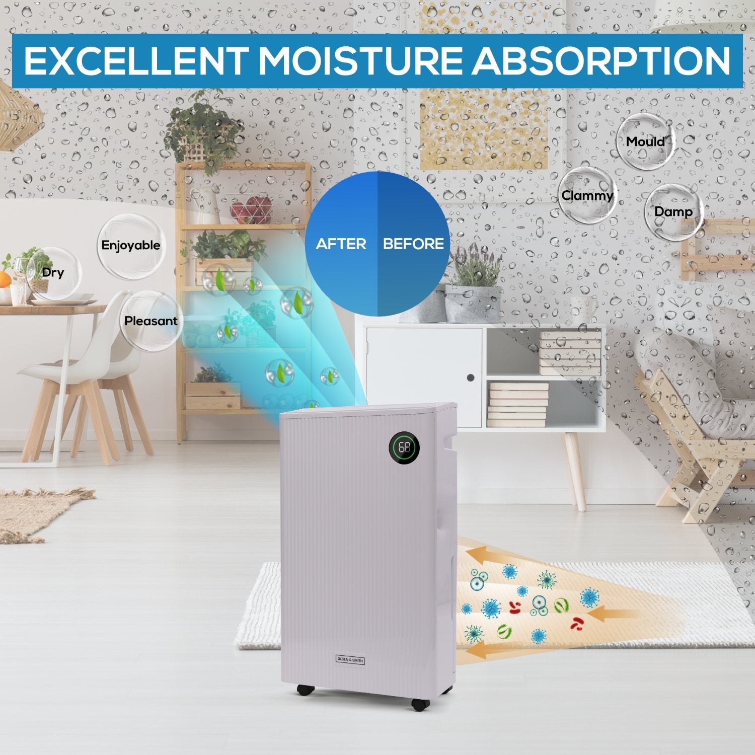 Olsen & Smith 20L/Day Dehumidifier & HEPA Air Purifier – Quiet Portable Dehumidifier for Home, Laundry Drying, Damp Control, Bedroom, Kitchen & Bathroom (5.5L Tank + Drain Hose)