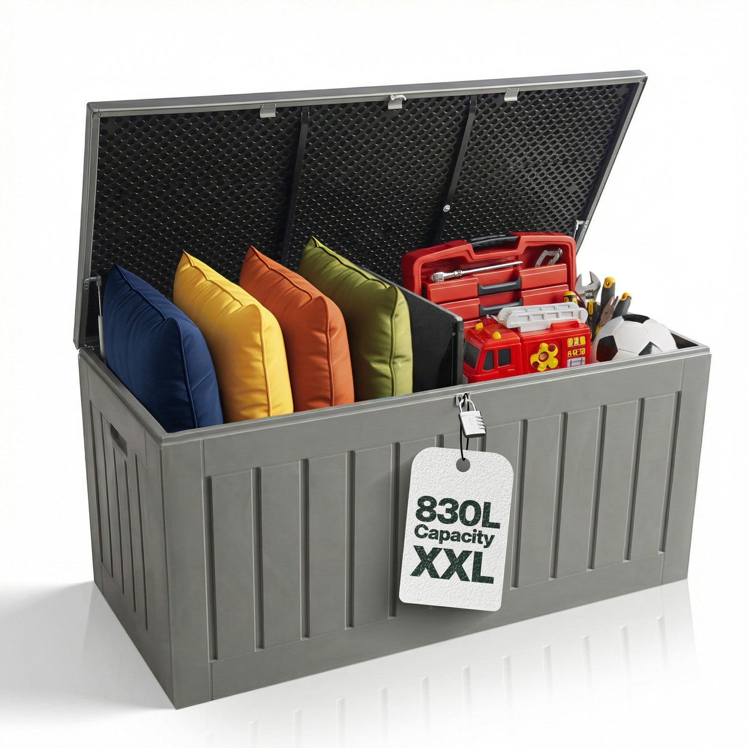 Olsen & Smith 830L Outdoor Garden Storage Box, Weatherproof, Sit-On Bench, Anthracite Grey, Cushion & Furniture Storage