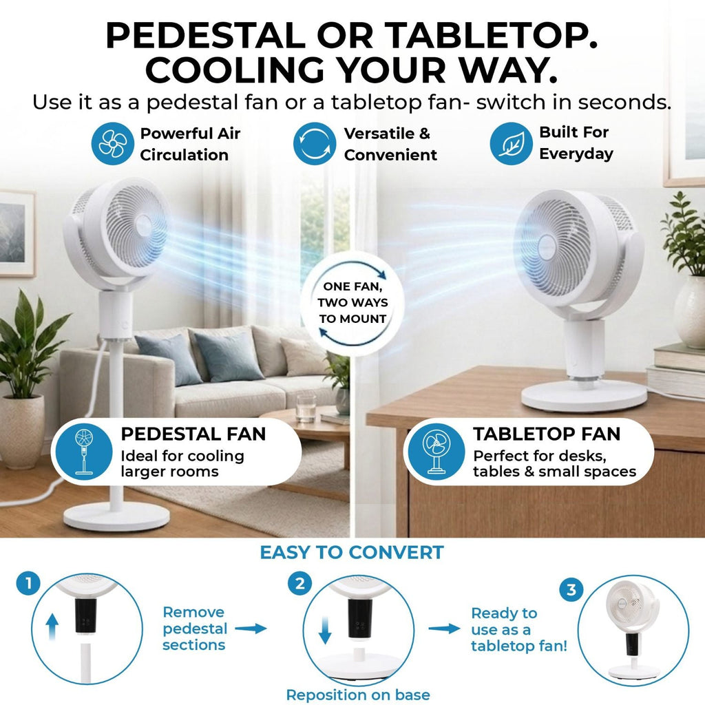 Olsen & Smith Pedestal & Tabletop Air Circulator Fan – Quiet Oscillating Portable Desk & Floor Standing Fan with Remote Control for Bedroom, Office & Living Room - White
