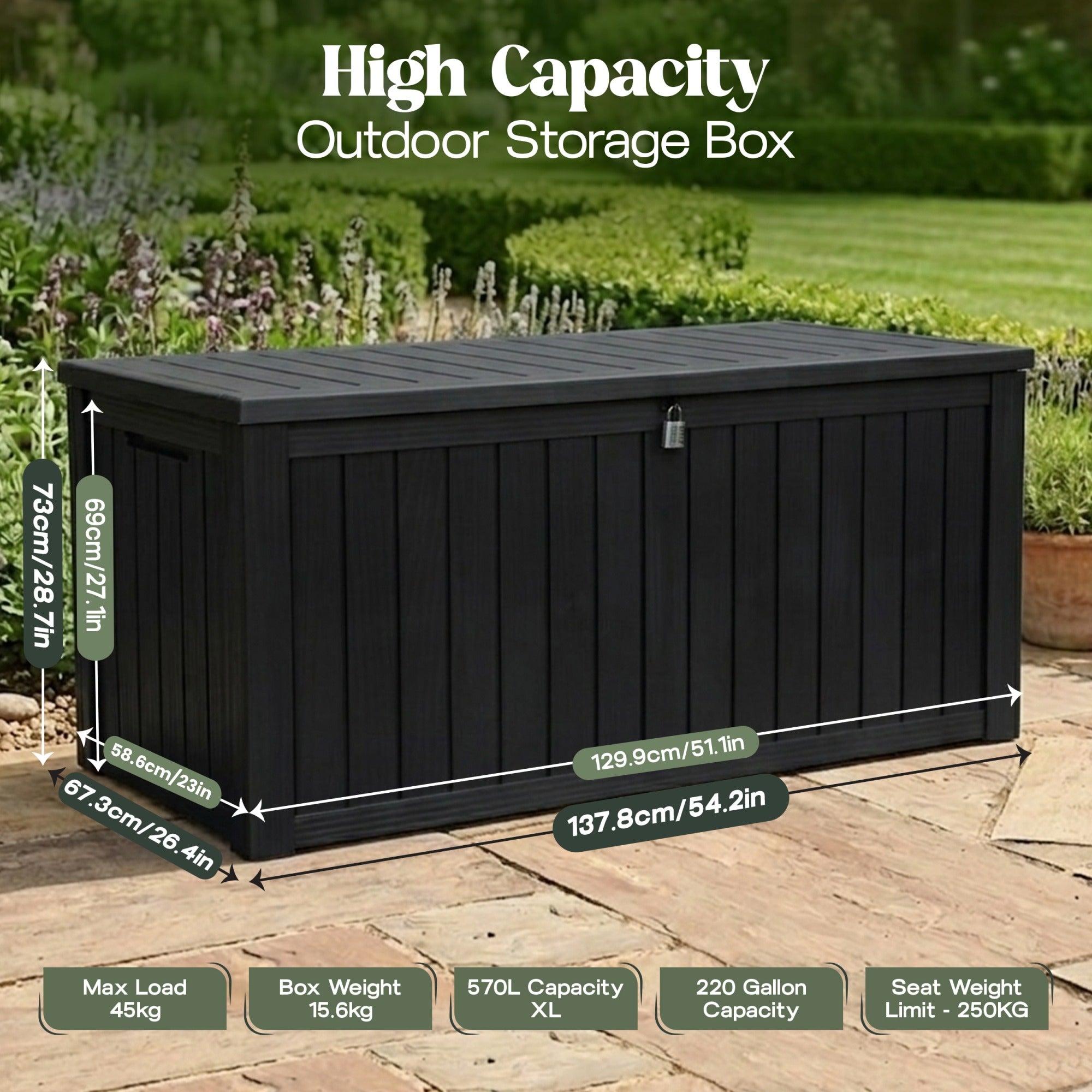 Olsen & Smith 570L Large Garden Storage Box – Weather Resistant Outdoor Storage Chest, 100% Recycled Plastic Cushion Storage Box with Padlock & Wood Effect, Heavy Duty Patio Storage (Grey)
