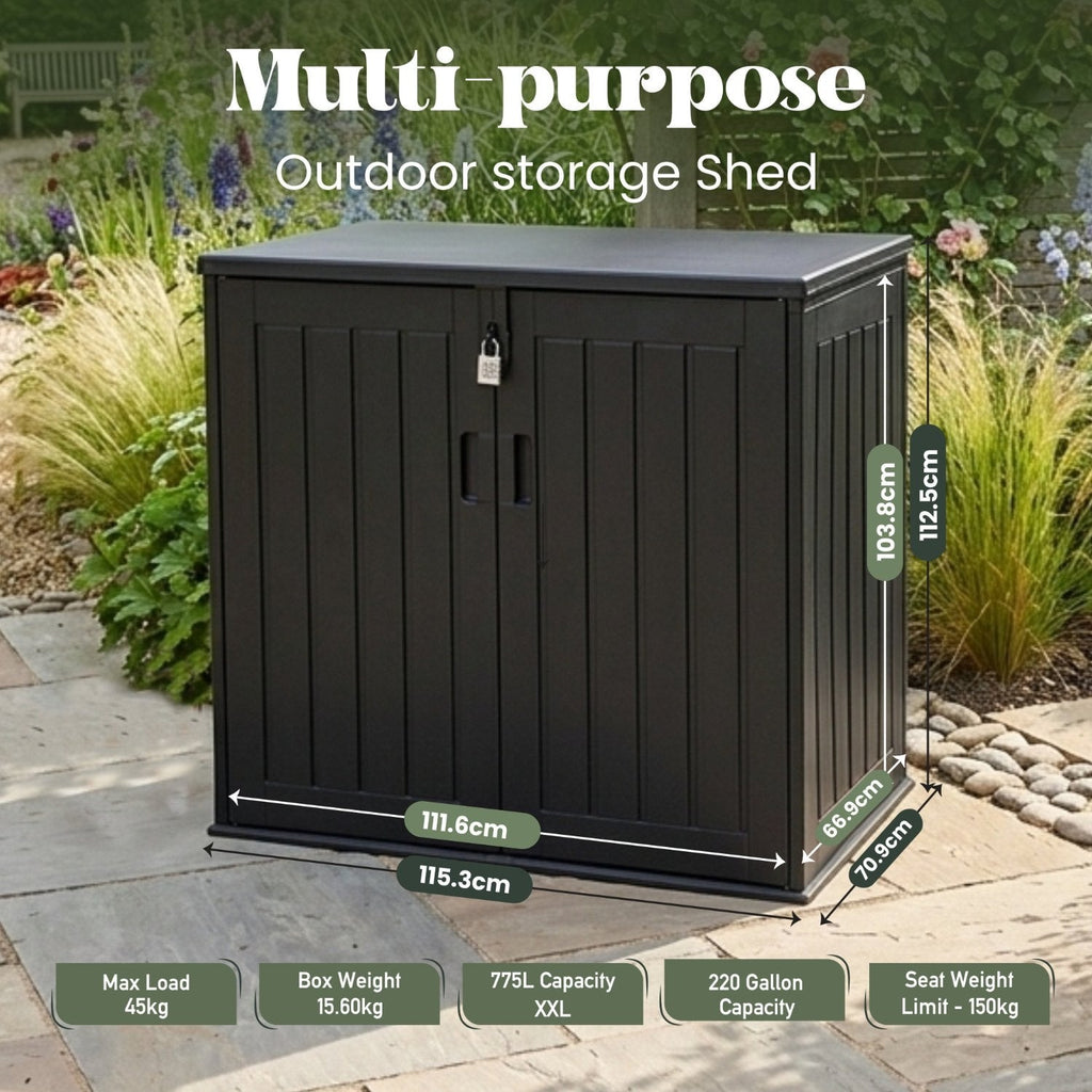 Olsen & Smith 775L Large Outdoor Garden Storage Box, Small (2x 180L) Wheelie Bin Storage, Waterproof Wood-Effect, Small Bike Shed, Garage Storage & Tool Storage, Inc. Padlock