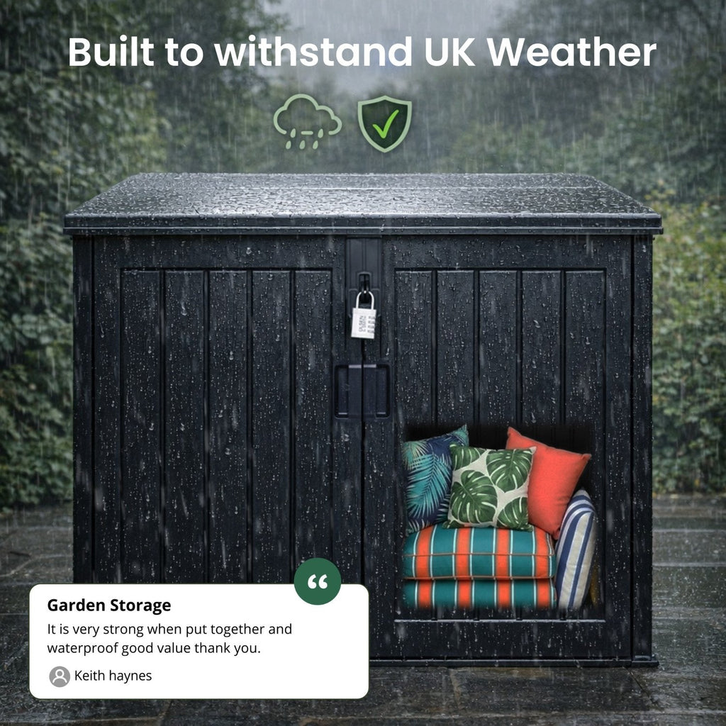 Olsen & Smith 775L Large Outdoor Garden Storage Box, Small (2x 180L) Wheelie Bin Storage, Waterproof Wood-Effect, Small Bike Shed, Garage Storage & Tool Storage, Inc. Padlock
