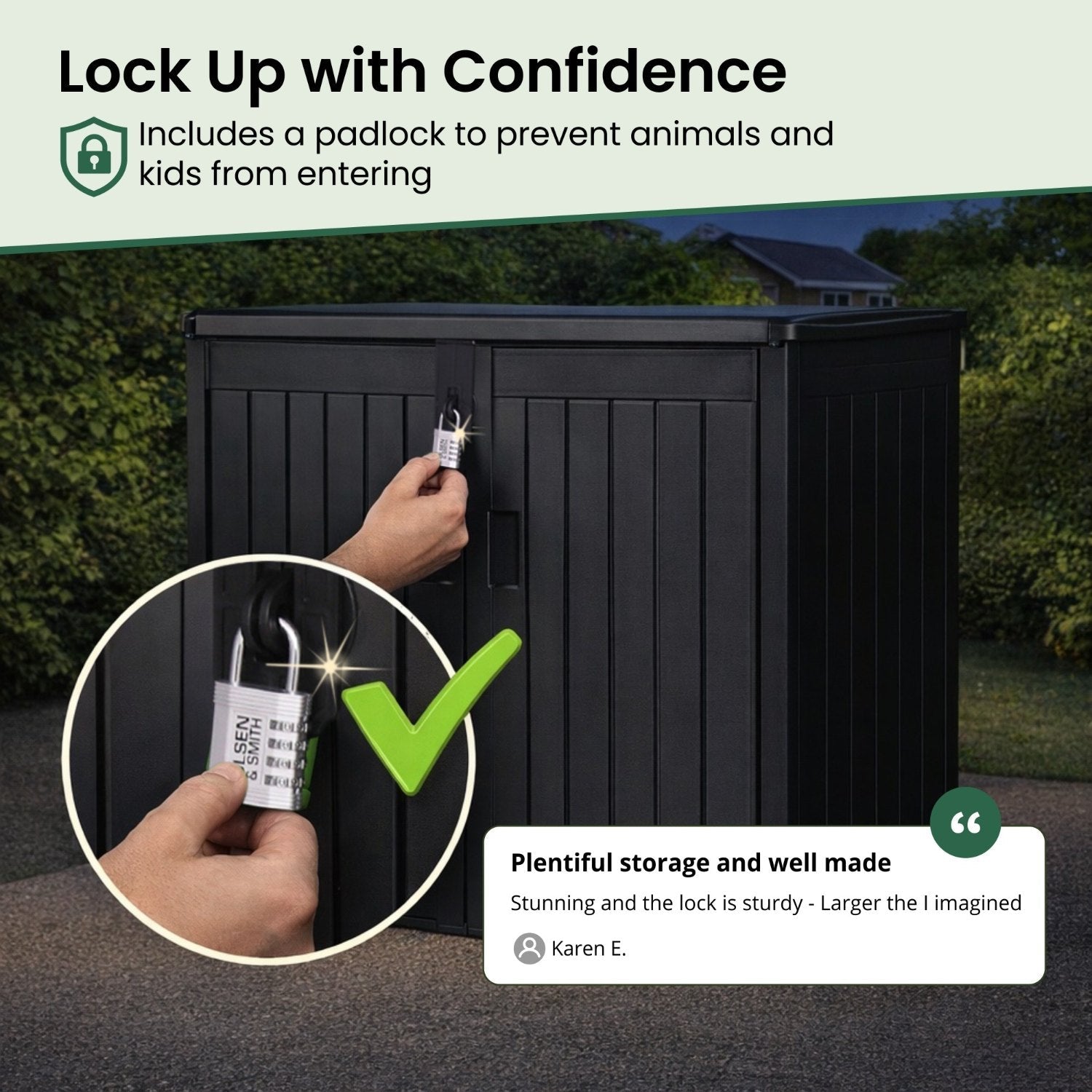 Olsen & Smith 775L Large Outdoor Garden Storage Box, Small (2x 180L) Wheelie Bin Storage, Waterproof Wood-Effect, Small Bike Shed, Garage Storage & Tool Storage, Inc. Padlock