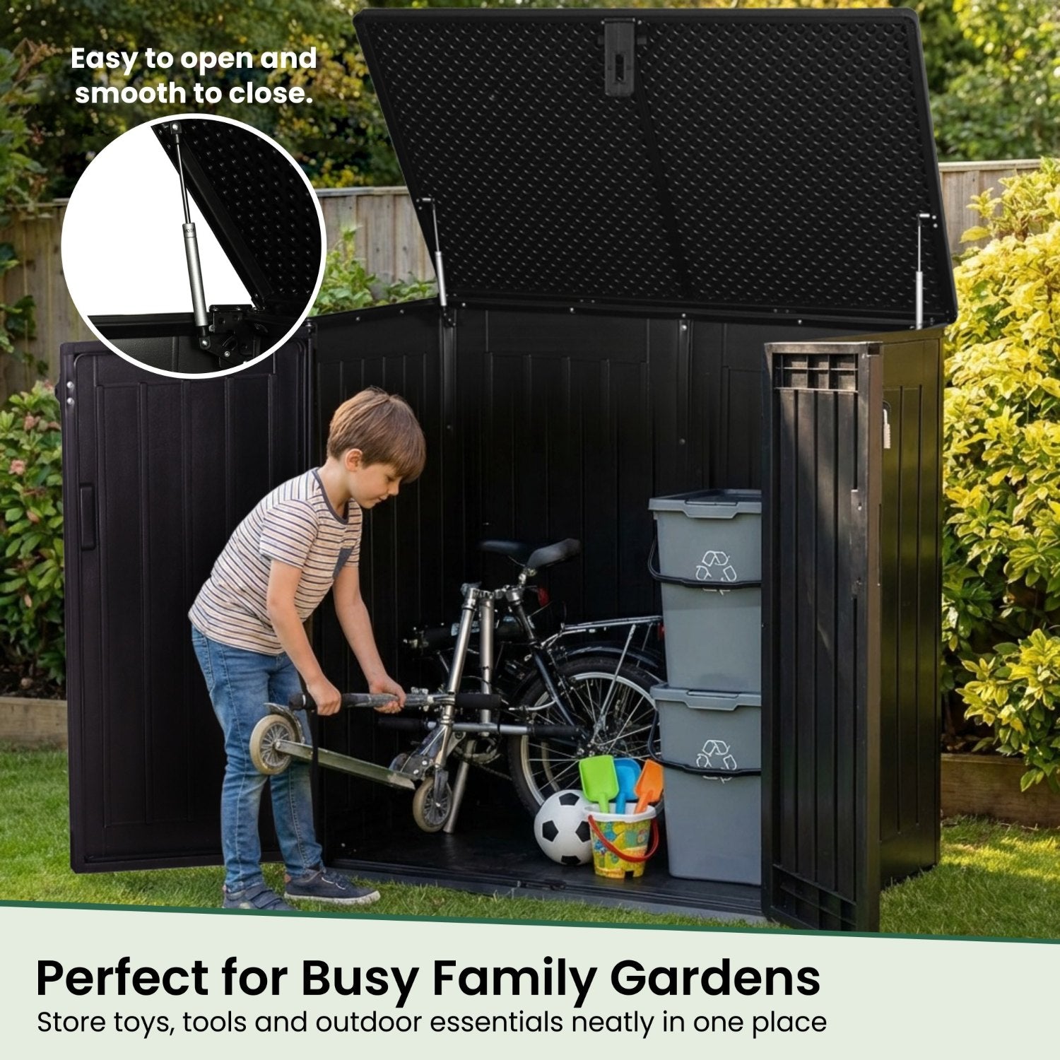 Olsen & Smith 775L Large Outdoor Garden Storage Box, Small (2x 180L) Wheelie Bin Storage, Waterproof Wood-Effect, Small Bike Shed, Garage Storage & Tool Storage, Inc. Padlock
