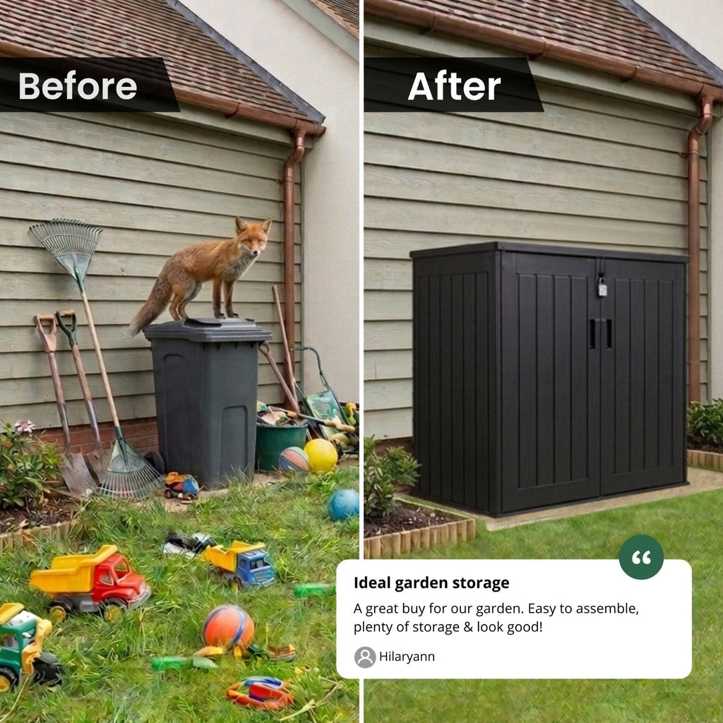 Olsen & Smith 775L Large Outdoor Garden Storage Box, Small (2x 180L) Wheelie Bin Storage, Waterproof Wood-Effect, Small Bike Shed, Garage Storage & Tool Storage, Inc. Padlock